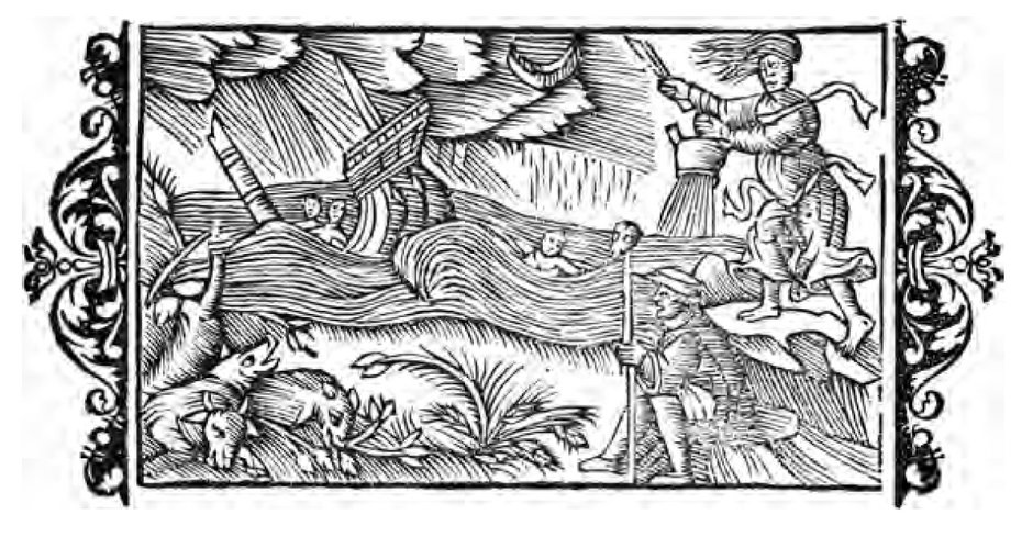 Rycina z 1555 r. przedstawiająca czarownice wzniecające burzę. Dla społeczeństw rolniczych zniszczenie plonów było sprawą wielkiej wagi