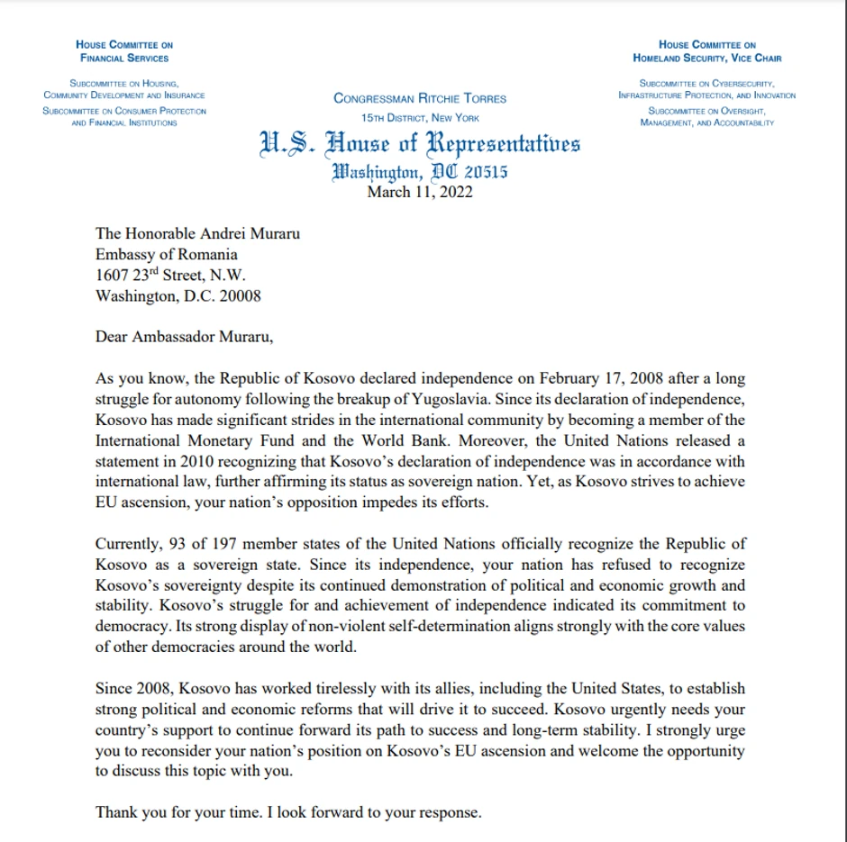 Pismo Ričarda Toresa ambasadorima pet zemalja Evropske unije