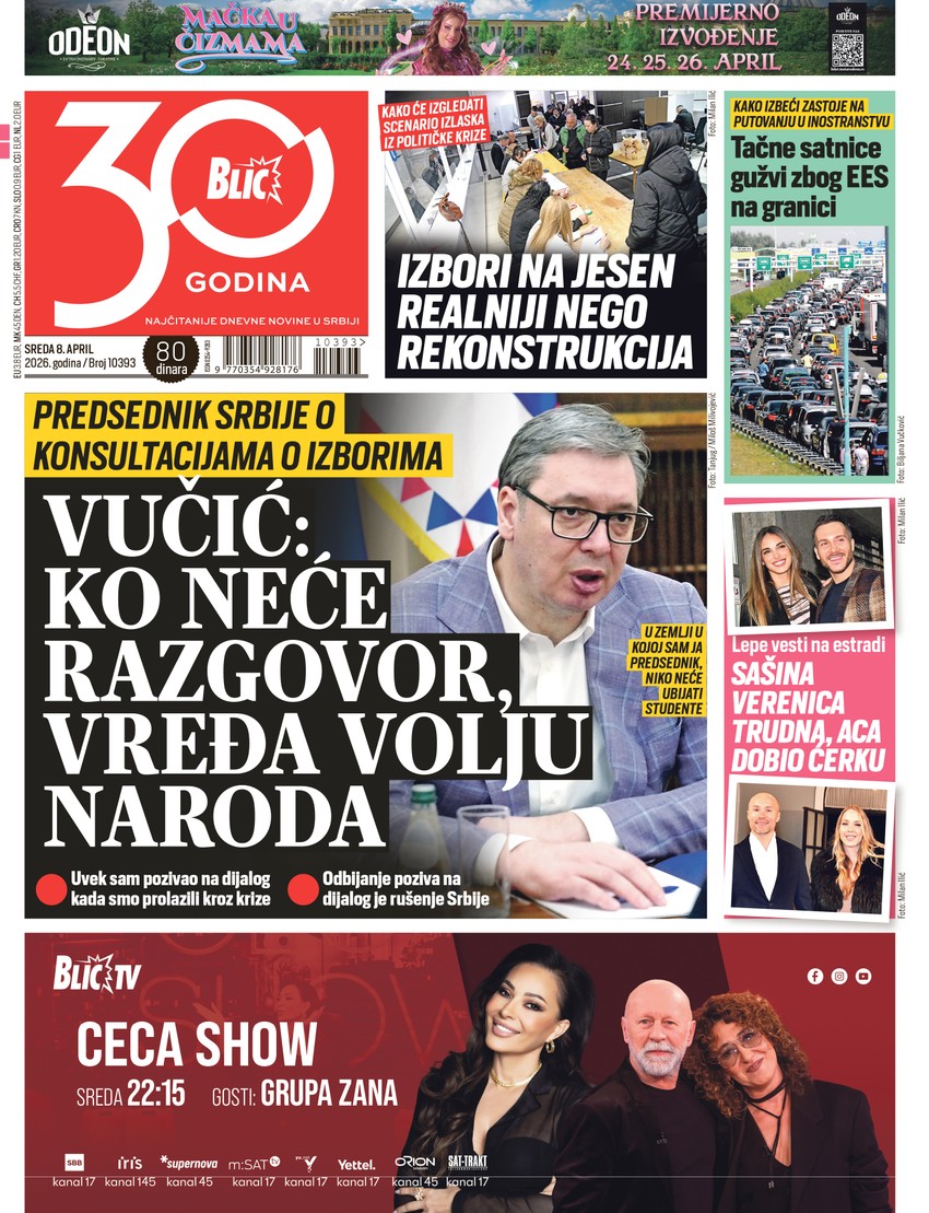 Blic naslovna strana za 8.4.