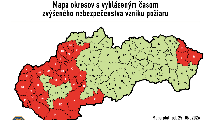 Mapa okresov s vyhláseným časom zvýšeného nebezpečenstva vzniku požiaru.