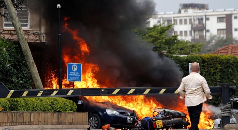 Vehicles burning during the Dusit D2 attack