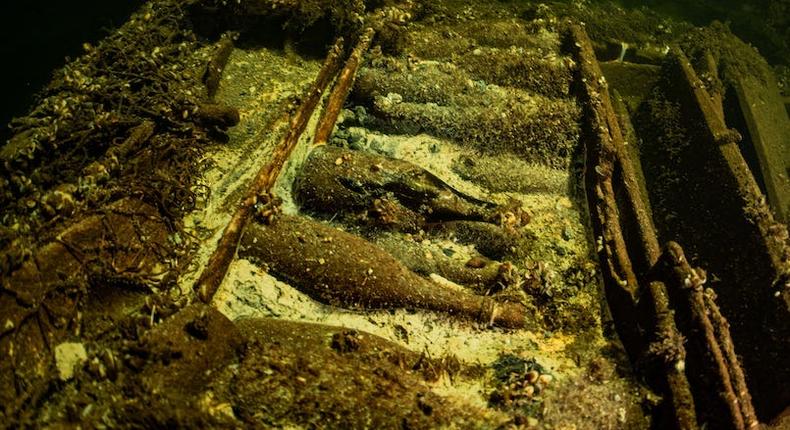 Divers say they found at least 100 sparkling wine bottles alongside ceramics in a shipwreck off Sweden in July 2024.Tomasz Stachura/Baltictech