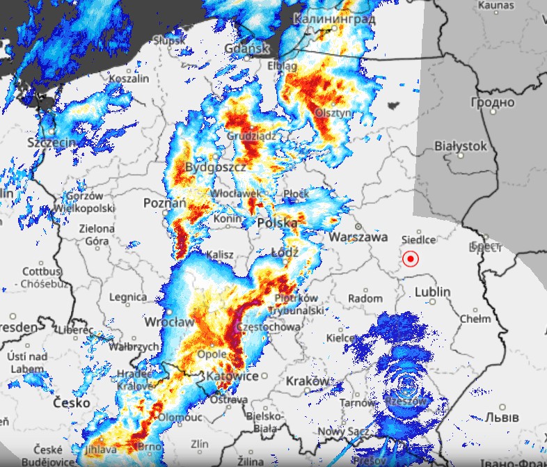 Radar opadów, godz. 13.00