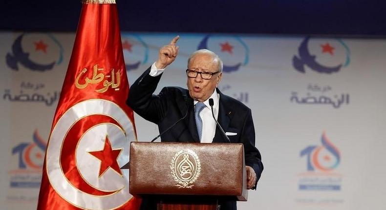 Tunisian President Beji Caid Essebsi speaks during the congress of the Ennahda Movement in Tunis, Tunisia May 20, 2016. 