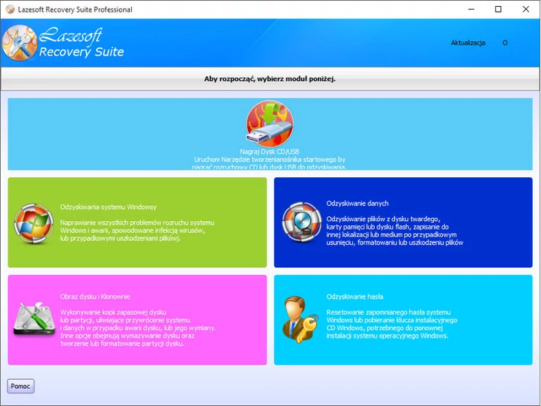 Główne okno programu do tworzenia kopii zapasowych - Lazesoft Recovery Suite Pro