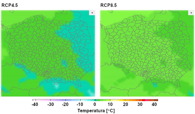 Projekcje średniej temperatury dobowej zimą (grudzień – luty) w Polsce w dla lat 2091-2095. Po lewej scenariusz RCP4.5, po prawej RCP8.5. Źródło: Klimada 2.0.