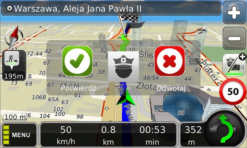 Kierowca podczas zbliżania się do miejsca o którym ostrzegano ma możliwość ręcznego zweryfikowania ostrzeżenia w aplikacja MapaMap 8.0.