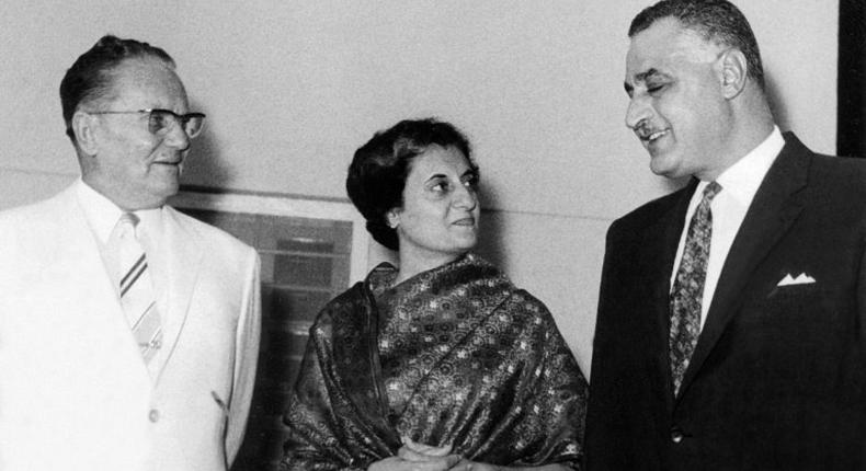 Yugoslav president Josip Broz Tito, left, with Indian prime minister Indira Gandhi -- whose autograph was among those stolen -- and Egyptian president Gamal Abdel Nasser