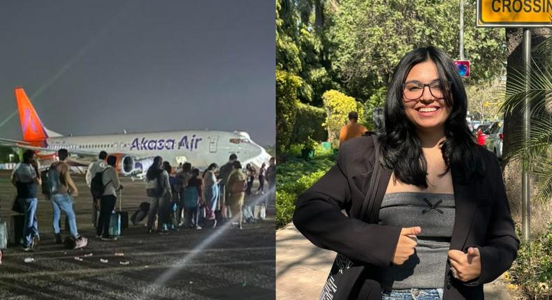 Passengers lined up to board an Akasa Air flight, and Molina Singh.Courtesy of Molina Singh