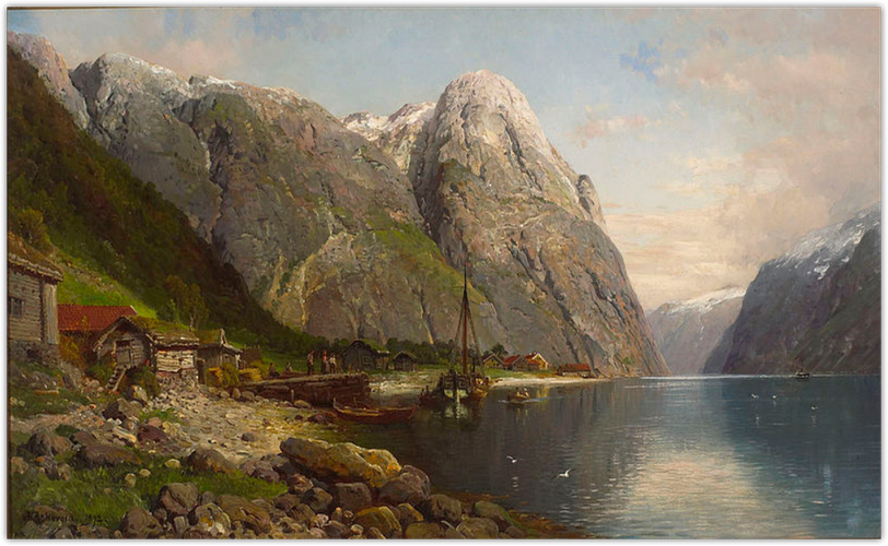 <strong>Nærøyfjorden</strong>
<br></br>
Nærøyfjorden to fiord w gminie Aurland, okręgu Sogn og Fjordane, w południowo-zachodniej Norwegii. W 2005 roku został wraz z Geirangerfjorden wpisany na listę światowego dziedzictwa UNESCO. Fiord ma długość 18 kilometrów, a jego głębokość w zależności od miejsca wynosi od 10 do 500 metrów. Niedaleko wioski Gudvangen do fiordu uchodzi rzeka Nærøydalselvi. Na zachodnim brzegu znajduje się miejscowość Bakka z zabytkowym kościołem.
<br></br>
Na fotografii obraz Norwega  	
Andersa Askevolda pt. 
