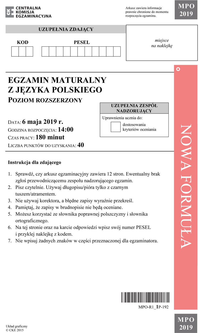 Matura 2019. Arkusz maturalny z języka polskiego na poziomie rozszerzonym