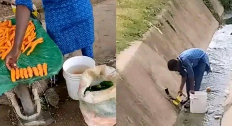Carrot seller caught washing them in a dirty gutter (video)