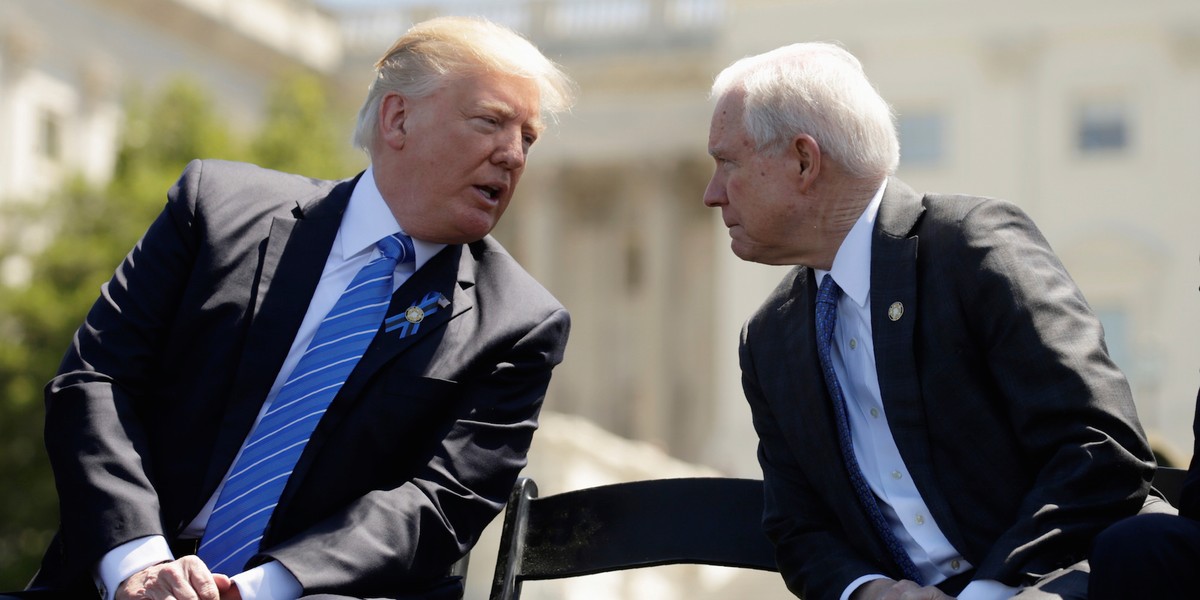 President Donald Trump speaks with Attorney General Jeff Sessions on May 15, 2017.