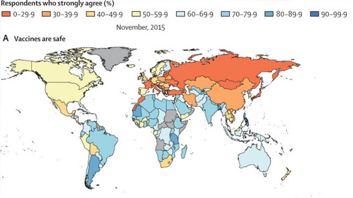 Jak wygląda zaufanie do szczepionek na świecie? Na mapie przedstawiono procentowo ilu respondentów zdecydowanie zgadzało się ze stwierdzeniem, że szczepionki są bezpieczne w listopadzie 2015