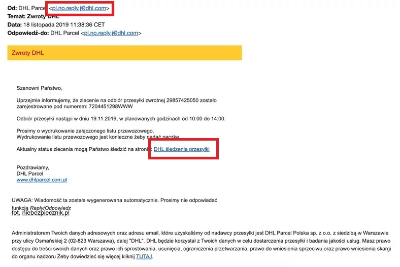 W tym przypadku oszuści wykorzystują bardzo sprytną metodę podszywania - adres wskazuje na oficjalną stronę DHL, ale już sama nazwa przed "małpą" wygląda podejrzanie, co zdradzają dwa znaki - ",j". Warto uważać!