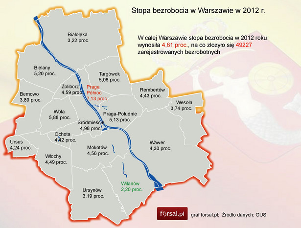 Stopa bezrobocia w Warszawie w 2012 roku - mapa dzielnic