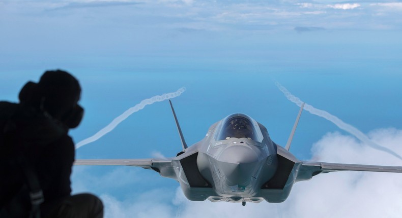 A F-35B aircraft approaches a KC-130J Super Hercules aircraft to re-fuel as it flies over the North Sea having taken off from RAF Fairford on July 1, 2016