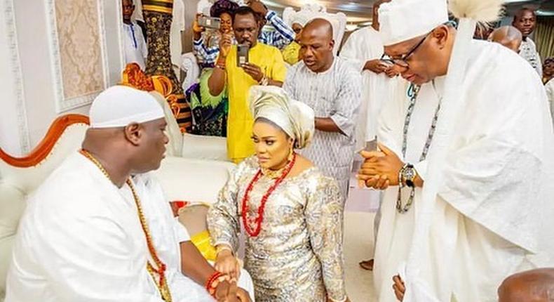 The Ooni of Ife and his new wife,  Olori Mariam Anako [LindaIkejiblog]