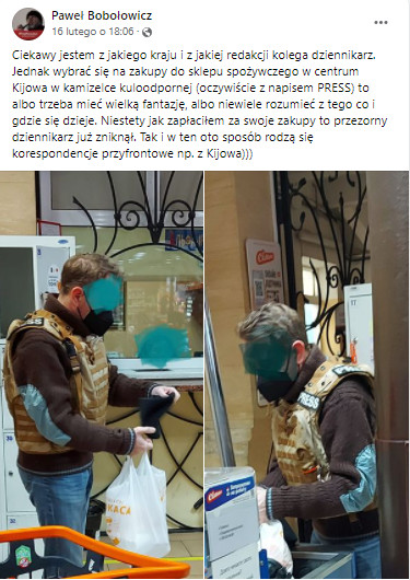 Wykonane przez Pawła Bobołowicza zdjęcia dziennikarza w kamizelce kuloodpornej.