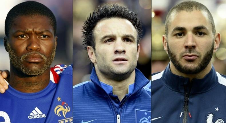 L-R: France's Djibrill Cisse, Mathieu Valbuena and Karim Benzema