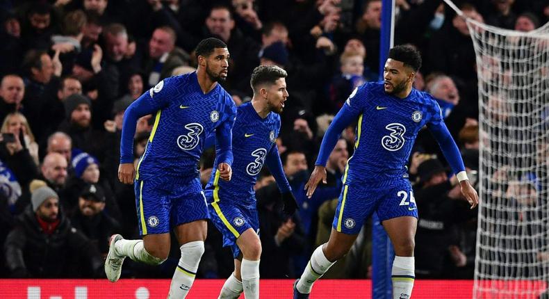 Chelsea celebrate Jorginho's equaliser against Manchester United Creator: Ben STANSALL