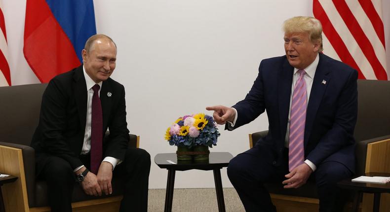 President Donald Trump and Russian President Vladimir Putin attend their bilateral meeting at the G20 Osaka Summit 2019, in Osaka, Japan on June 28, 2019.