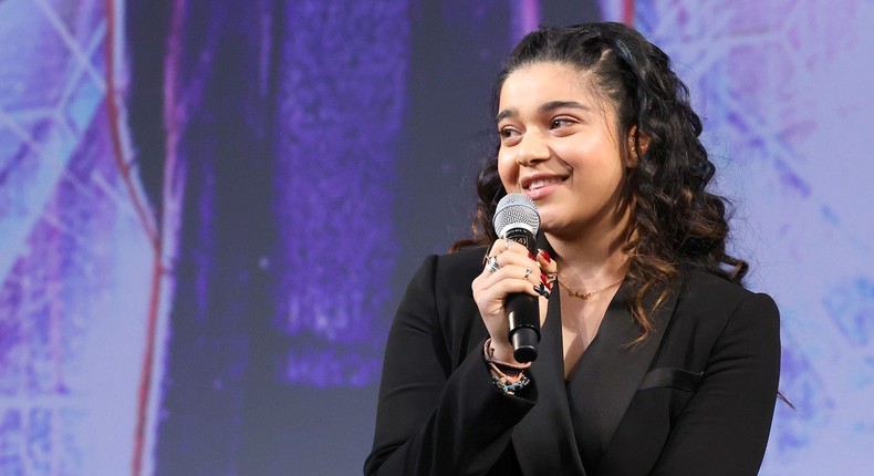 Iman Vellani speaks at a fan screening of The Marvels in California.Jesse Grant/Getty Images