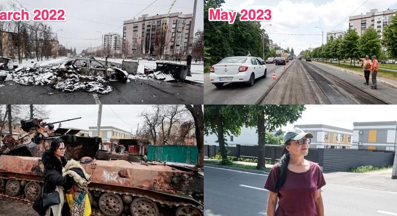 A composite image showing Bucha in March 2022, at the height of the Russian invasion, on the left, and the same spots in Bucha on the right in May 2023.Serhiy Nuzhnenko/RadioSvoboda.org/RFE/RL/Insider