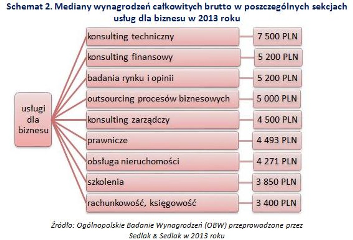 Schemat 2. Mediany wynagrodzeń całkowitych brutto w poszczególnych sekcjach usług dla biznesu w 2013 roku