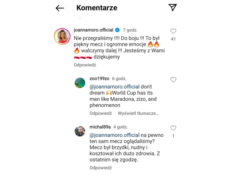 Widok komentarzy pod postem na profilu Roberta Lewandowskiego na Instagramie