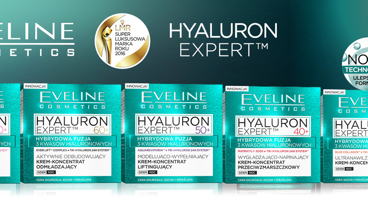 Eveline Cosmetics  przedstawia serię kosmetyków do pielęgnacji skóry twarzy - HYALURON EXPERT™. To profesjonalna, całkowicie innowacyjna kuracja odmładzająca, bazująca na hybrydowej syntezie 3 kwasów hialuronowych zawartych w jednej recepturze. Za sprawą oryginalnej techniki TRI-HYALURON 24h SYSTEM™ zapewnia natychmiastowe działanie, odżywienie i uelastycznienie na szczeblu komórkowym. Niweluje zmarszczki i ślady po liniach mimicznych. Świetnie wygładza, napina oraz rzeźbi rysy twarzy. Gwarantuje kompleksowe działanie w zwalczaniu najczęstszych symptomów starzenia się cery. W kolekcji od Eveline Cosmetics znajdują się kremy przeznaczone do pielęgnacji skóry twarzy Hyaluron Expert 30+,40+, 50+, 60+, 70+, a także Odmładzające Serum Wypełniające Zmarszczki.