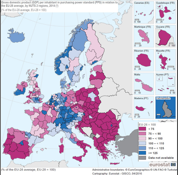 PKB na mieszkańca w regionach wyrażone PPS w relacji do średniej UE