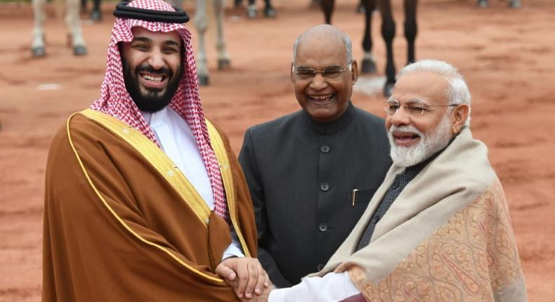 Saudi Crown Prince Mohammed bin Salman (L, with India's President Ram Nath Kovind and Prime Minister Narendra Modi) is on a high-profile tour of Asia to show Riyadh still has friends after the murder of journalist Jamal Khashoggi