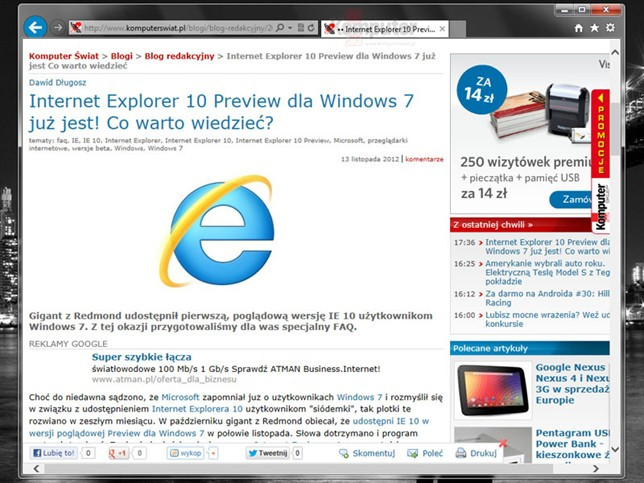 Internet Explorer 10 Preview dla Windows 7 | Co warto wiedzieć przed  instalacją przeglądarki Internet Explorer 10 Preview dla Windows 7?