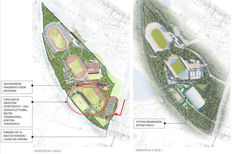 Masterplan dla ośrodka sportowego na Golęcinie w Poznaniu — Porównanie koncepcji społecznej (z lewej) i miejskiej (z prawej)