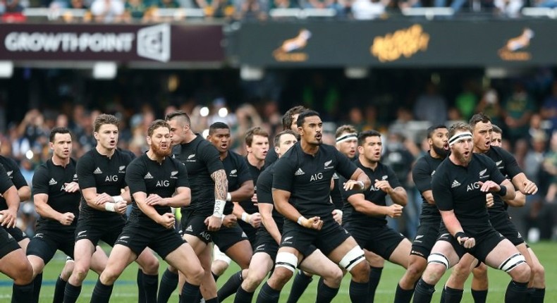 New Zealand All Blacks perform the Haka ahead of a Rugby Championship match at Kingspark Rugby stadium in Durban, on October 8, 2016