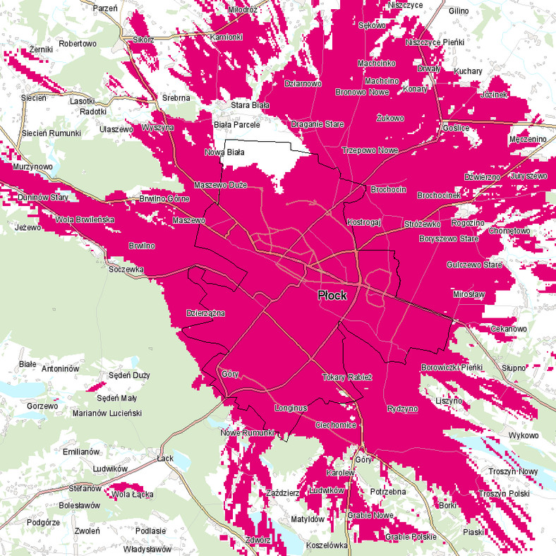 Mapa zasięgu 5G w T-Mobile - Płock