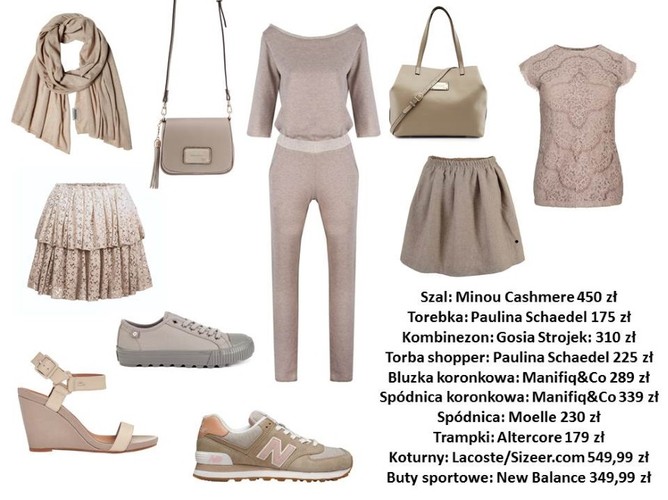 Ubrania i dodatki w różnych odcieniach koloru nude
