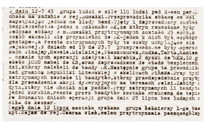 Dziennik działań 1 praskiego pułku piechoty z VII 1945 r. (źródło: www.oblawaaugustowska.pl)