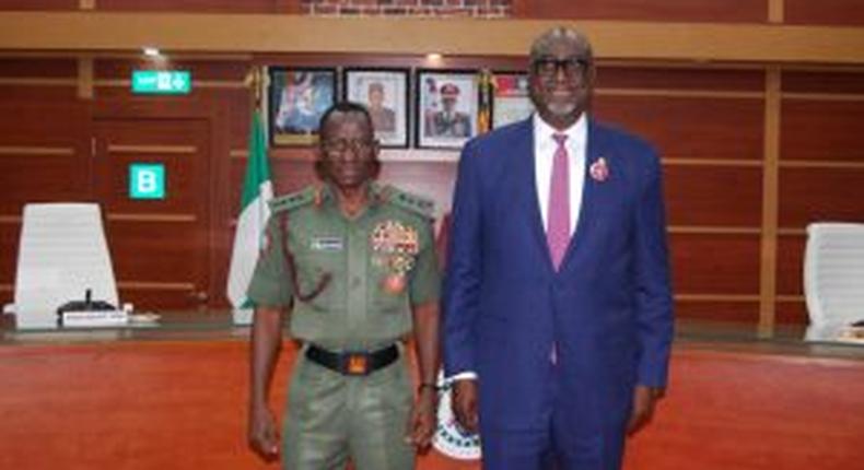 Chief of Defence Staff (CDS), Gen. Lucky Irabor and President, Nigerian Bar Association (NBA), Mr Yakubu Maikyau during a courtesy visit by NBA to DHQ in Abuja on Wednesday (14/12/22