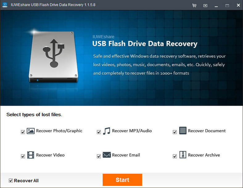 Główne okno programu do odzyskiwania danych - IUWEshare USB Flash Drive Data Recovery