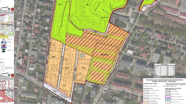 Plan zagospodarowania Rejonu Fortu Bronowice. Na terenie gdzie jest kolor brązowy będą mogły powstać bloki. Mieszkańcy woleli zieleń