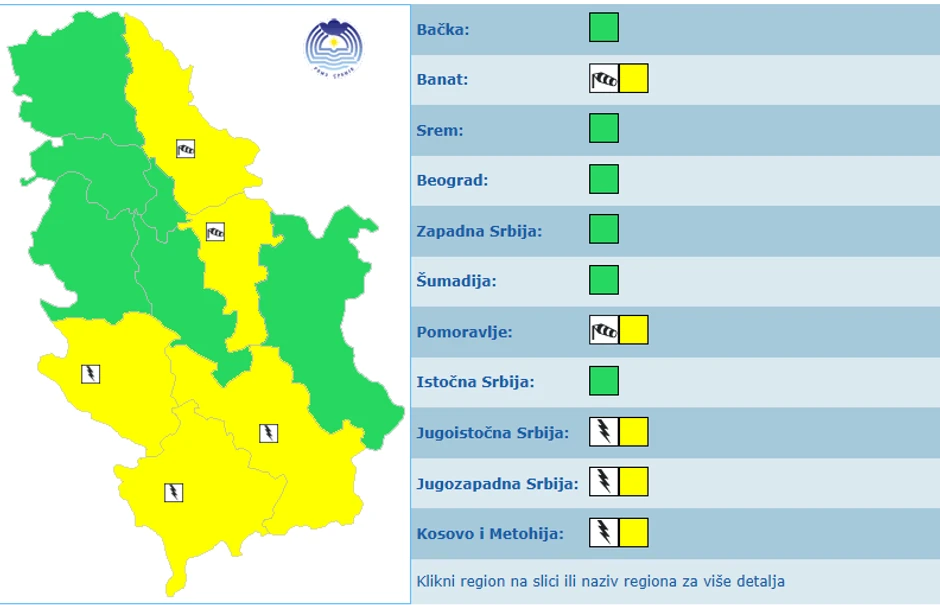 Meteoalarm u Srbiji 26 septembra