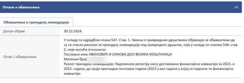 Obaveštenje o prinudnoj likvidaciji društva "Ivanović i sinovi" u Velikoj Moštanici