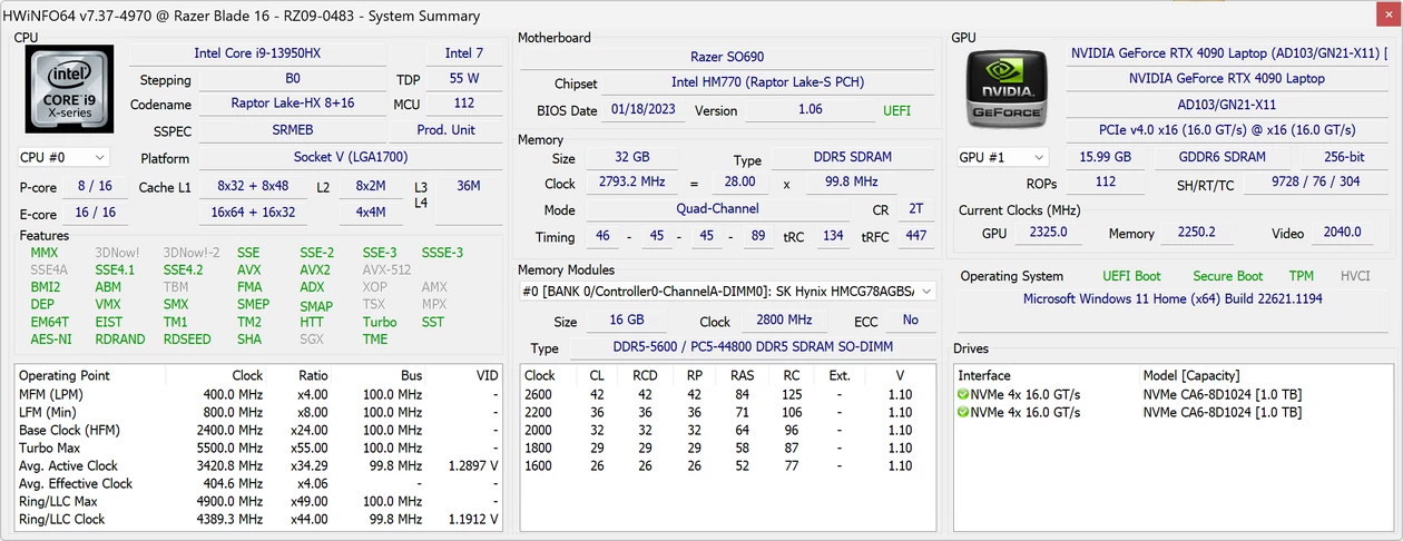 Razer Blade 16 (2023) – HWiNFO64 – specyfikacja laptopa