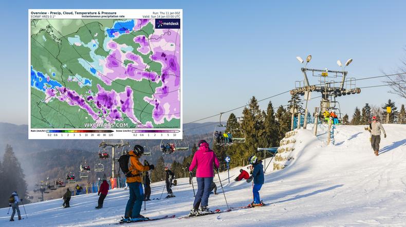 W polskich ośrodkach narciarskich nie brakuje śniegu (mapa: wxcharts.com)