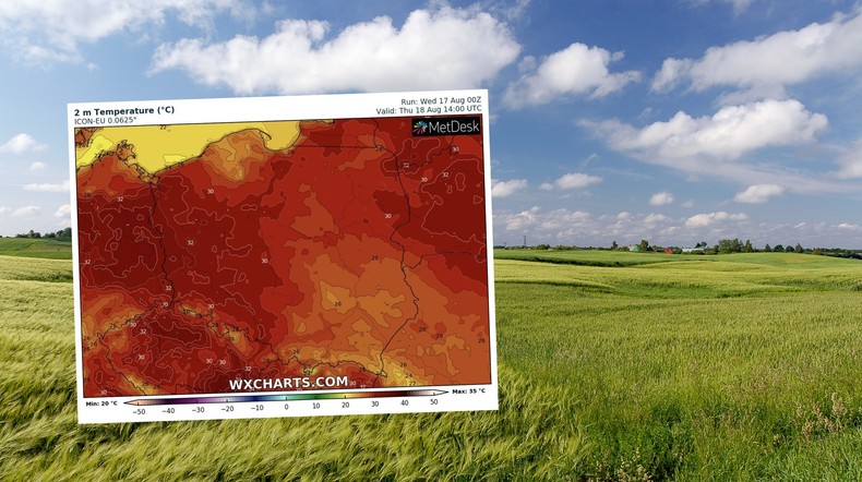 W czwartek burz będzie niewiele, a temperatura sięgnie prawie 35 st. C (mapa: wxcharts.com)