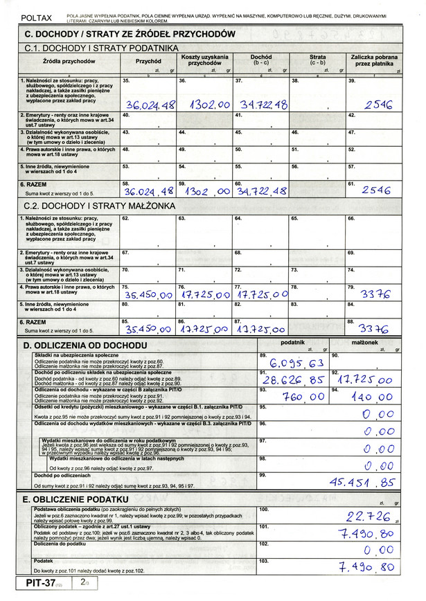 Druga strona PIT-37 - przychody i koszty