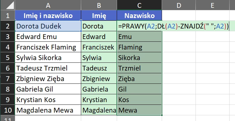 4.4  Formuła do wyciągnięcia nazwiska