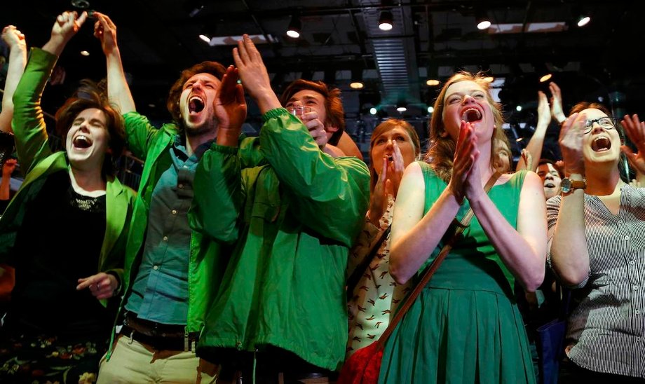 Green Party supporters celebrate gains in exit polls in The Hague, Netherlands, March 15, 2017.